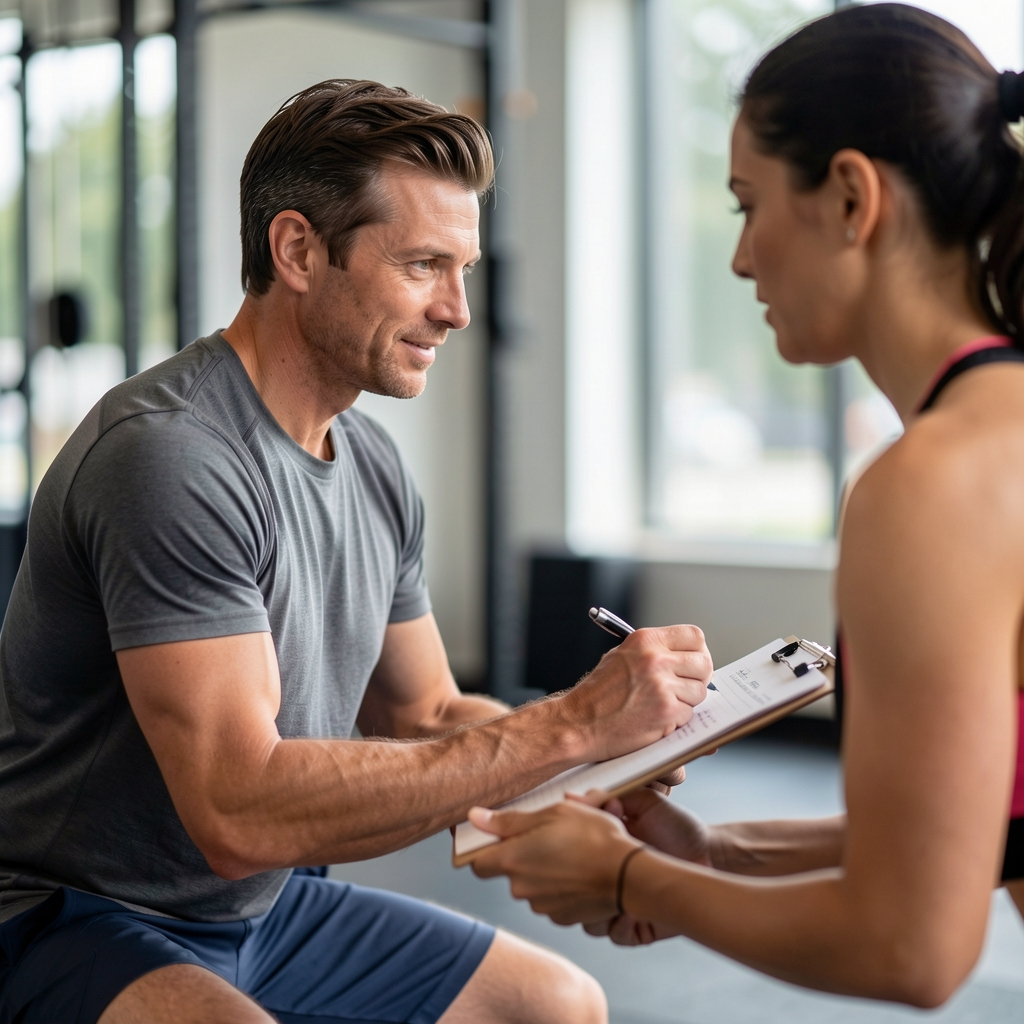 Coach conducting a movement assessment on a client in a training studio, observing a bodyweight squat from a side angle with a clipboard held ready for notation