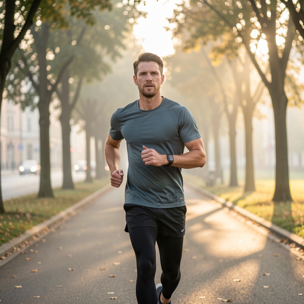 Runner on a Vienna city path at early morning with a fitness tracker visible on wrist, soft light through trees, capturing an active endurance session