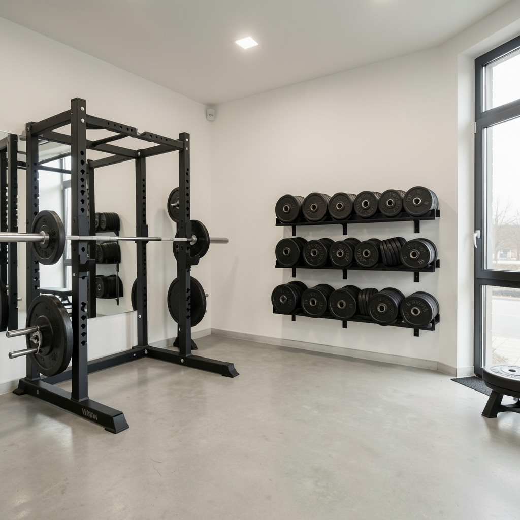 Interior of a compact Vienna fitness studio showing barbell rack, weight plates stacked neatly on a wall-mounted holder, and clean concrete floors under bright studio lighting
